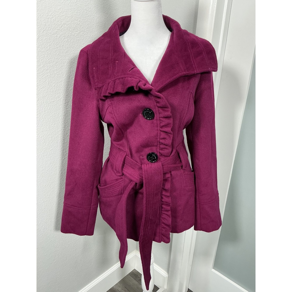 Steve Madden Magenta Ruffle Trim Belted Wool Blend Winter Coat Size M